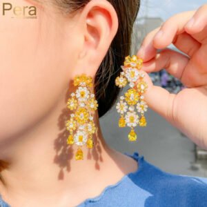 بيرا مذهل الأصفر Druzy تشيكوسلوفاكيا الذهب الأبيض اللون طويل التعلق زهرة المشاركة حفلة إسقاط أقراط للنساء غرامة مجوهرات E839