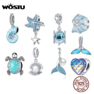 WOSTU 925 فضة حلية البحر الجان سلسلة حبة الحيوان السلاحف قلادة على شكل نجم البحر صالح الأصلي سوار قلادة Jewelry بها بنفسك مجوهرات
